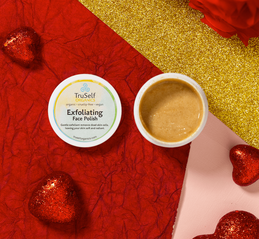 Exfoliating face polish jars with matching lids; one jar shows beige polish