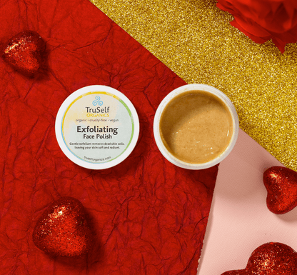 Exfoliating face polish jars with matching lids; one jar shows beige polish
