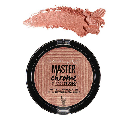 Metallic highlighter compact with peachy pink swatch