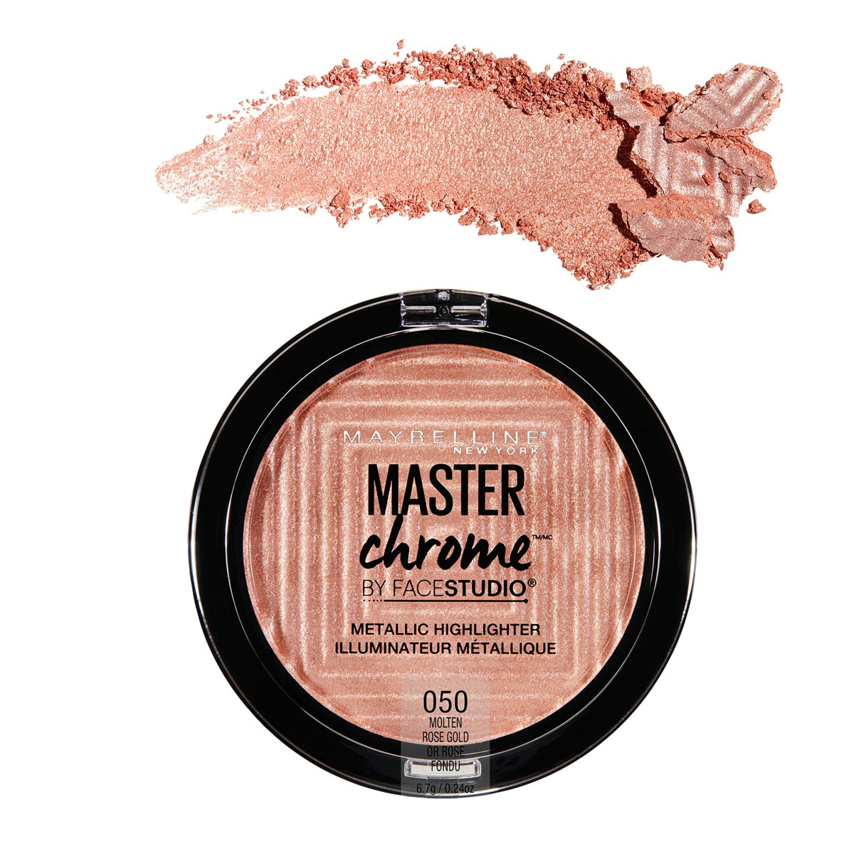 Metallic highlighter compact with rose-gold swatch