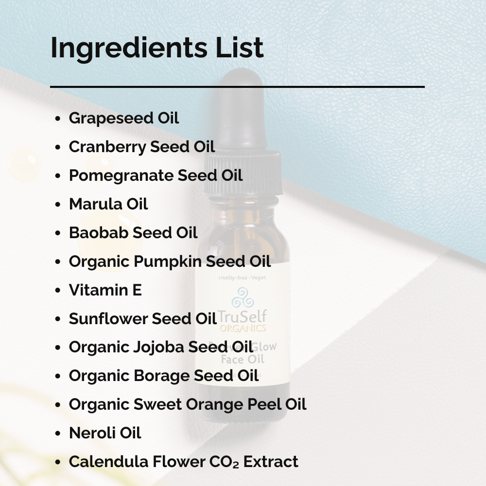 Face oil bottle with ingredients list text panel