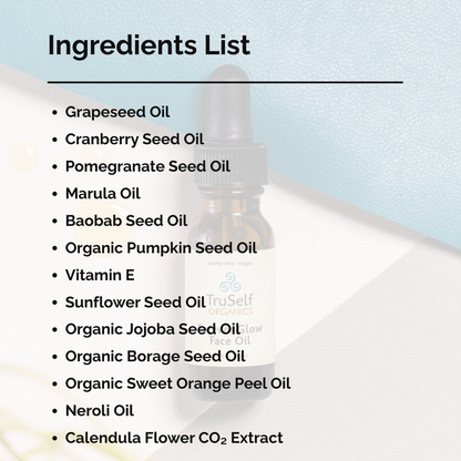 Face oil bottle with ingredients list text panel