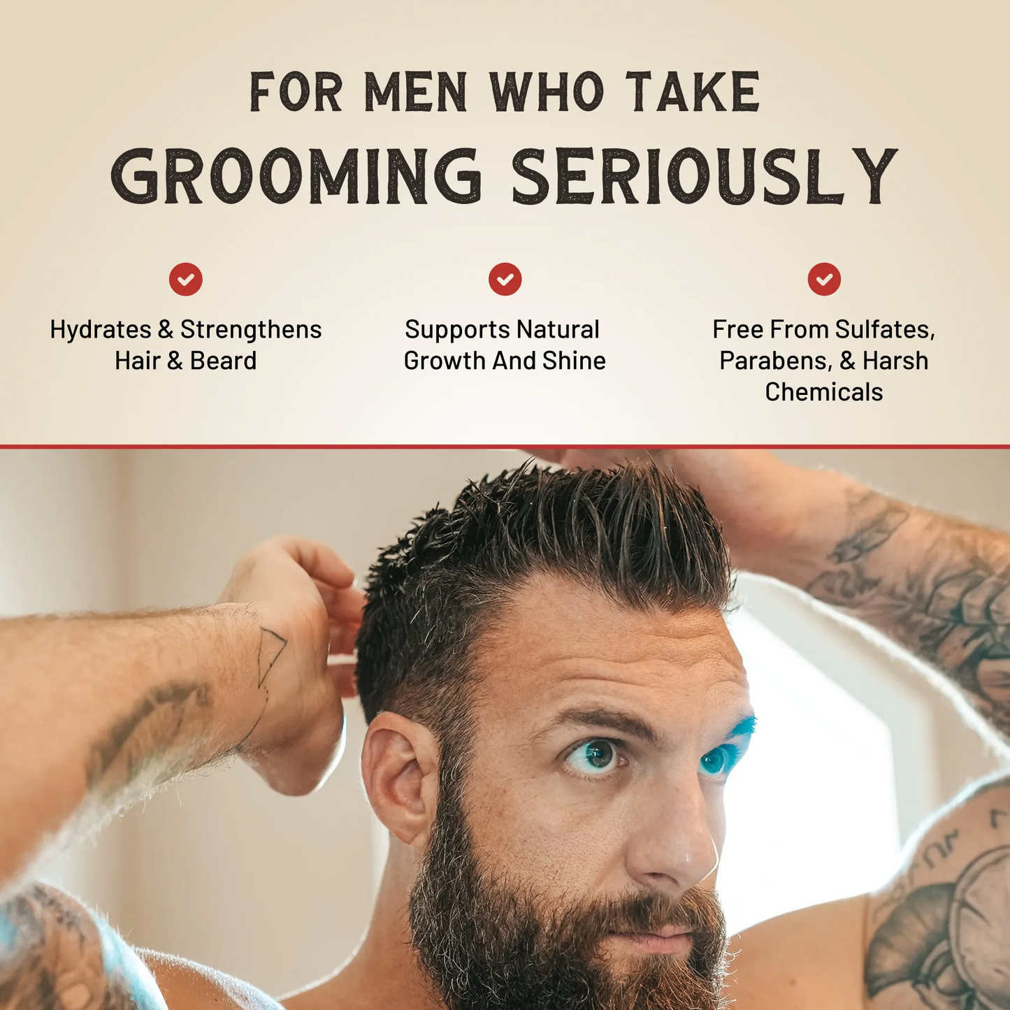 Man using hair grooming while holding an organic clay pomade jar