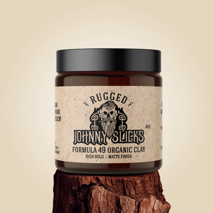 Organic clay pomade jar with black cap and rugged label, 4 oz size