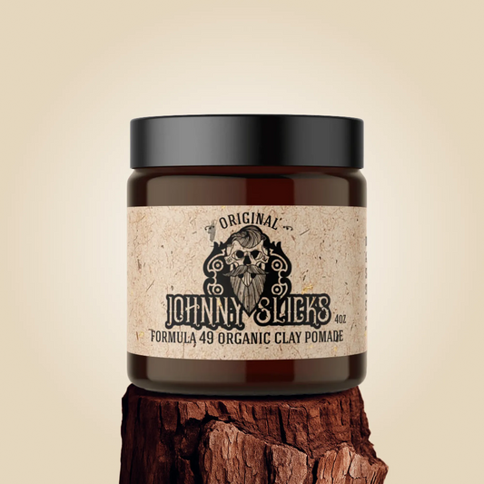 Organic clay pomade jar with black lid and tan Original Formula 49 label
