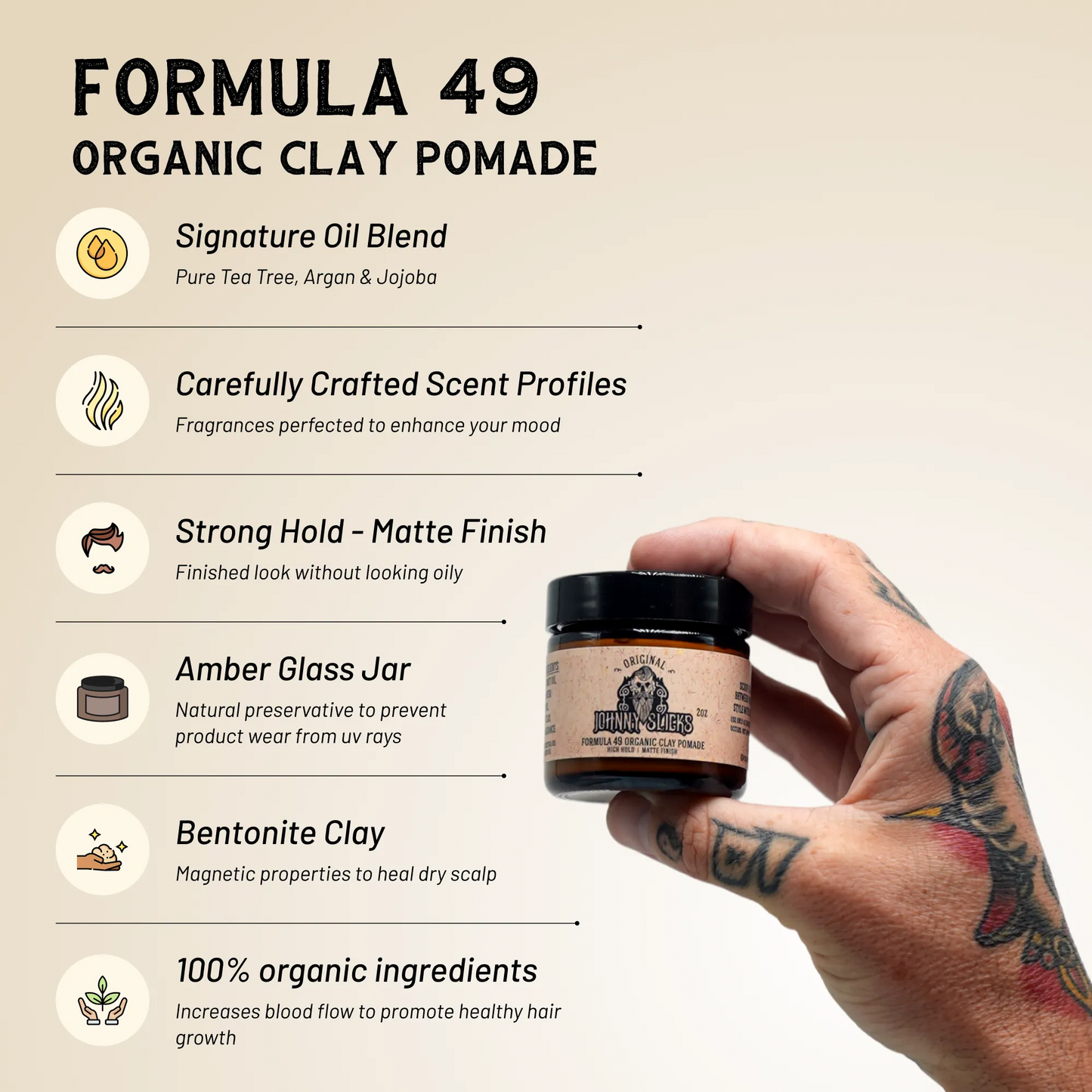 Organic clay pomade jar with black lid held in a hand, tan Formula 49 label