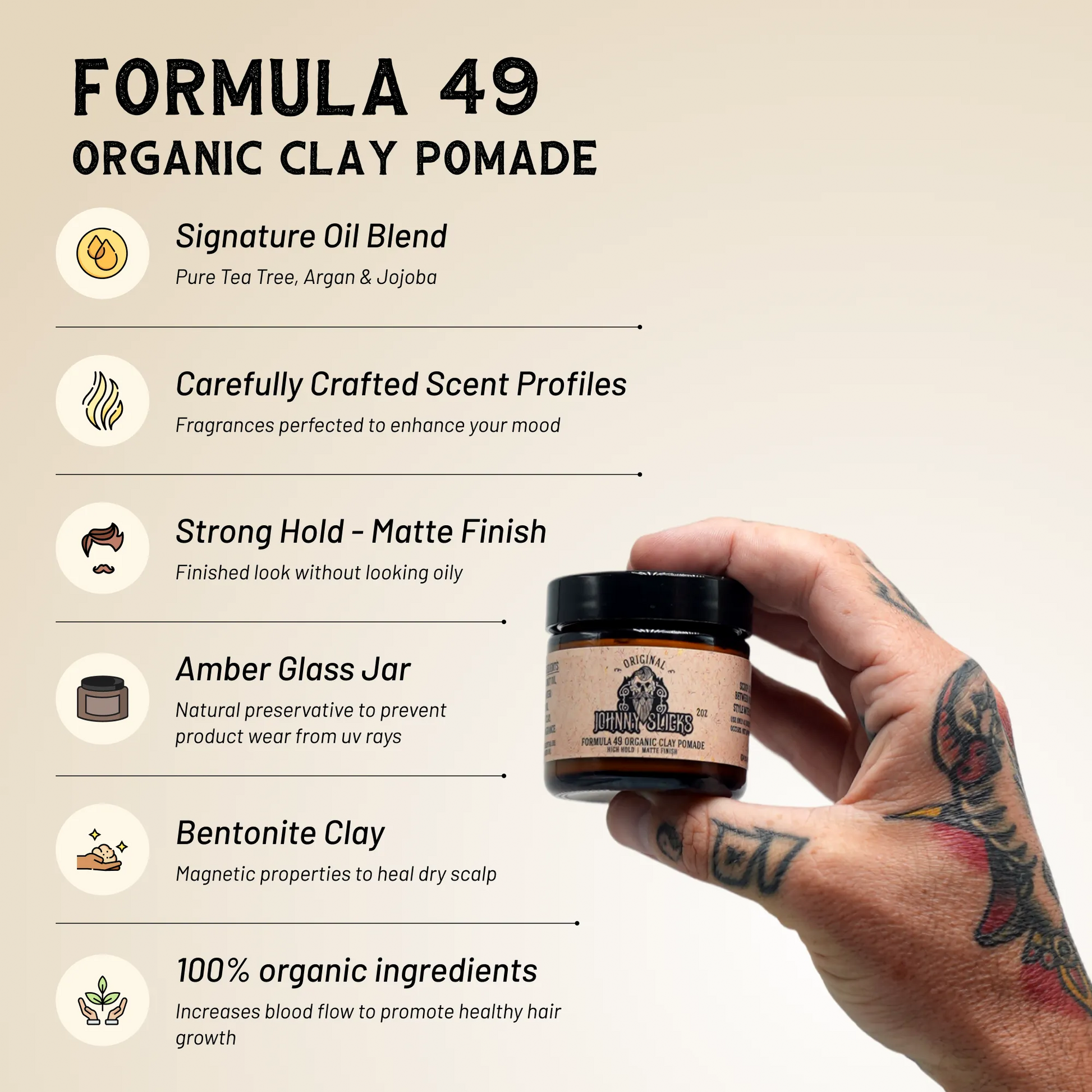 Organic clay pomade jar with black lid held in a hand, tan Formula 49 label
