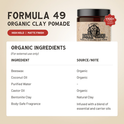 Organic clay pomade jar with black lid and tan Rugged Formula 49 label