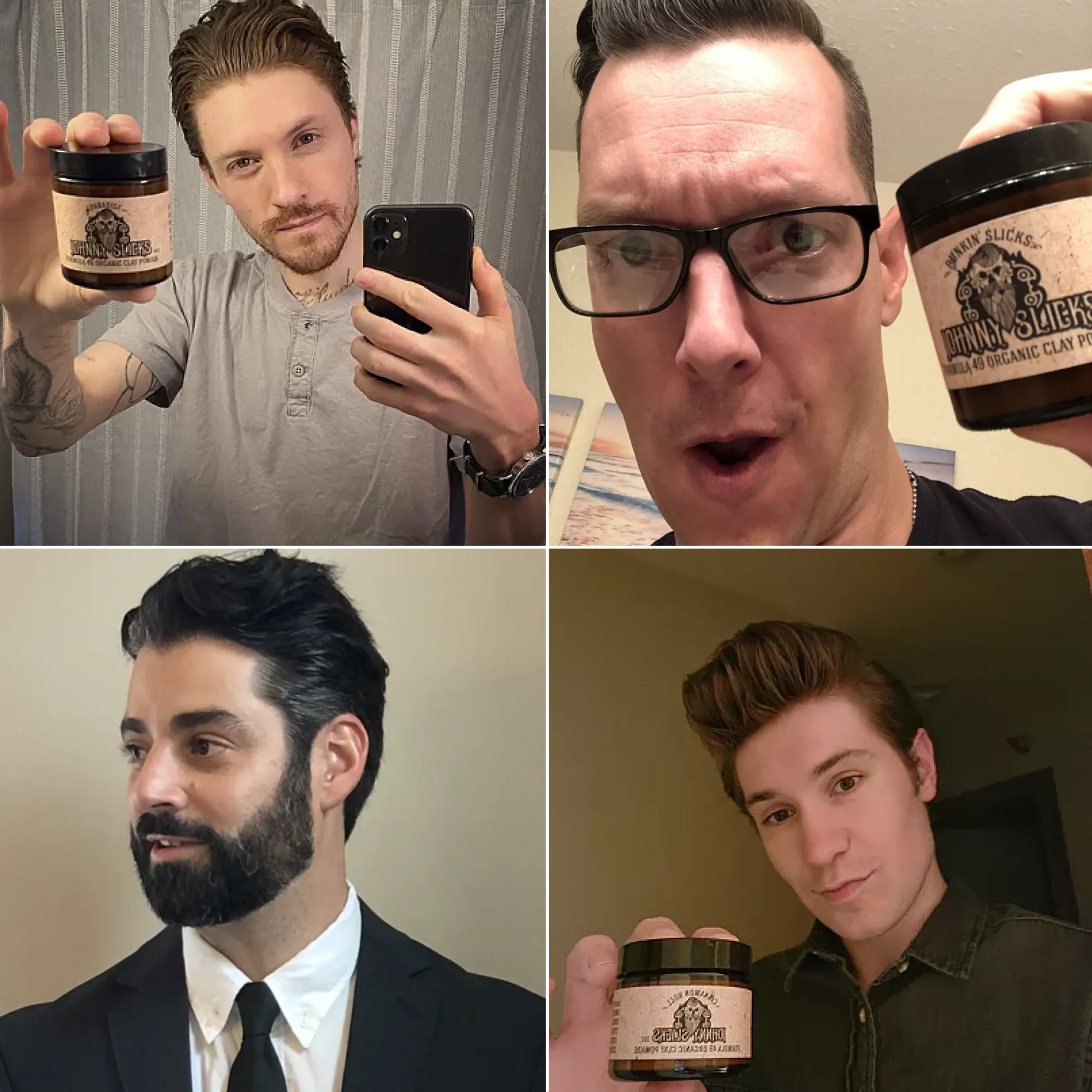 Men holding an organic clay pomade jar in multiple styling photos