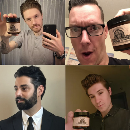Men holding an organic clay pomade jar in multiple styling photos