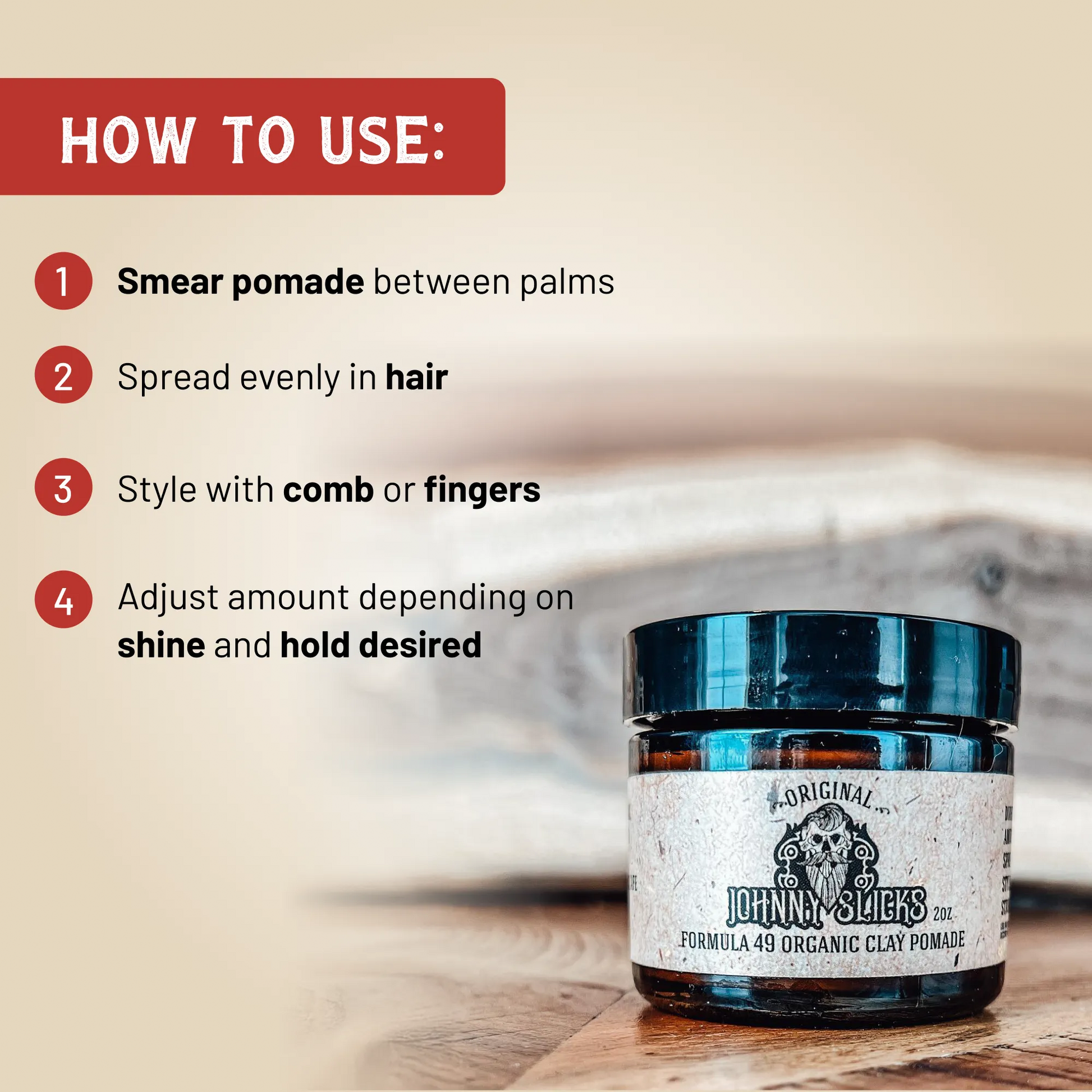 Organic clay pomade jar with black lid and tan Original Formula 49 label
