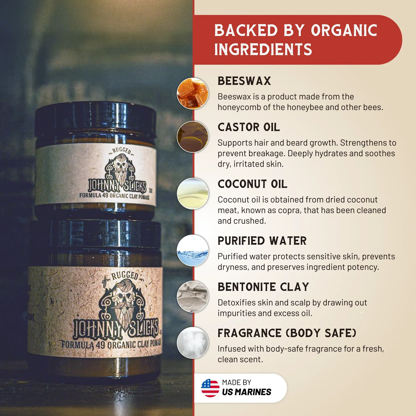Organic clay pomade jars with ingredient list graphics on the package