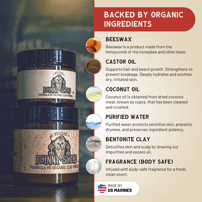 Organic clay pomade jars with ingredient list graphics on the package