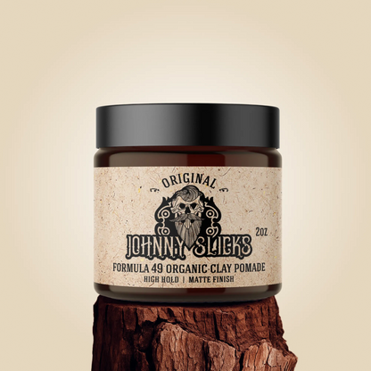 Organic clay pomade jar with black lid and tan Original Formula 49 label, 2oz