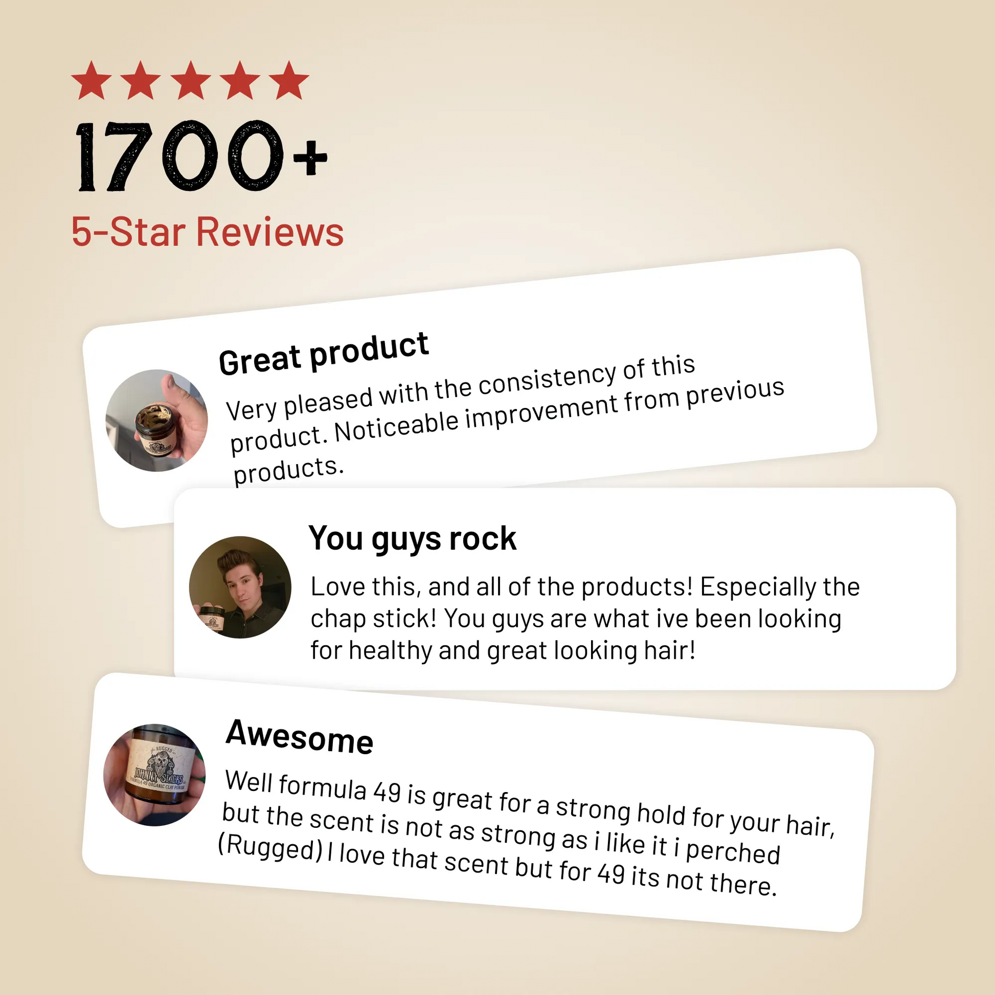 Customer review graphic showing 1700+ five-star ratings for clay pomade
