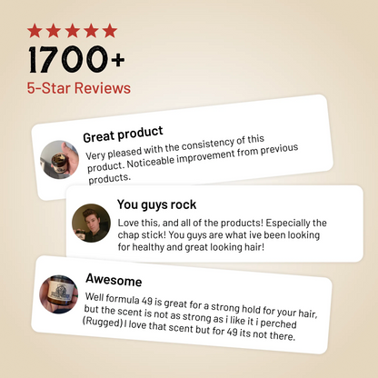 Customer review graphic showing 1700+ five-star ratings for clay pomade
