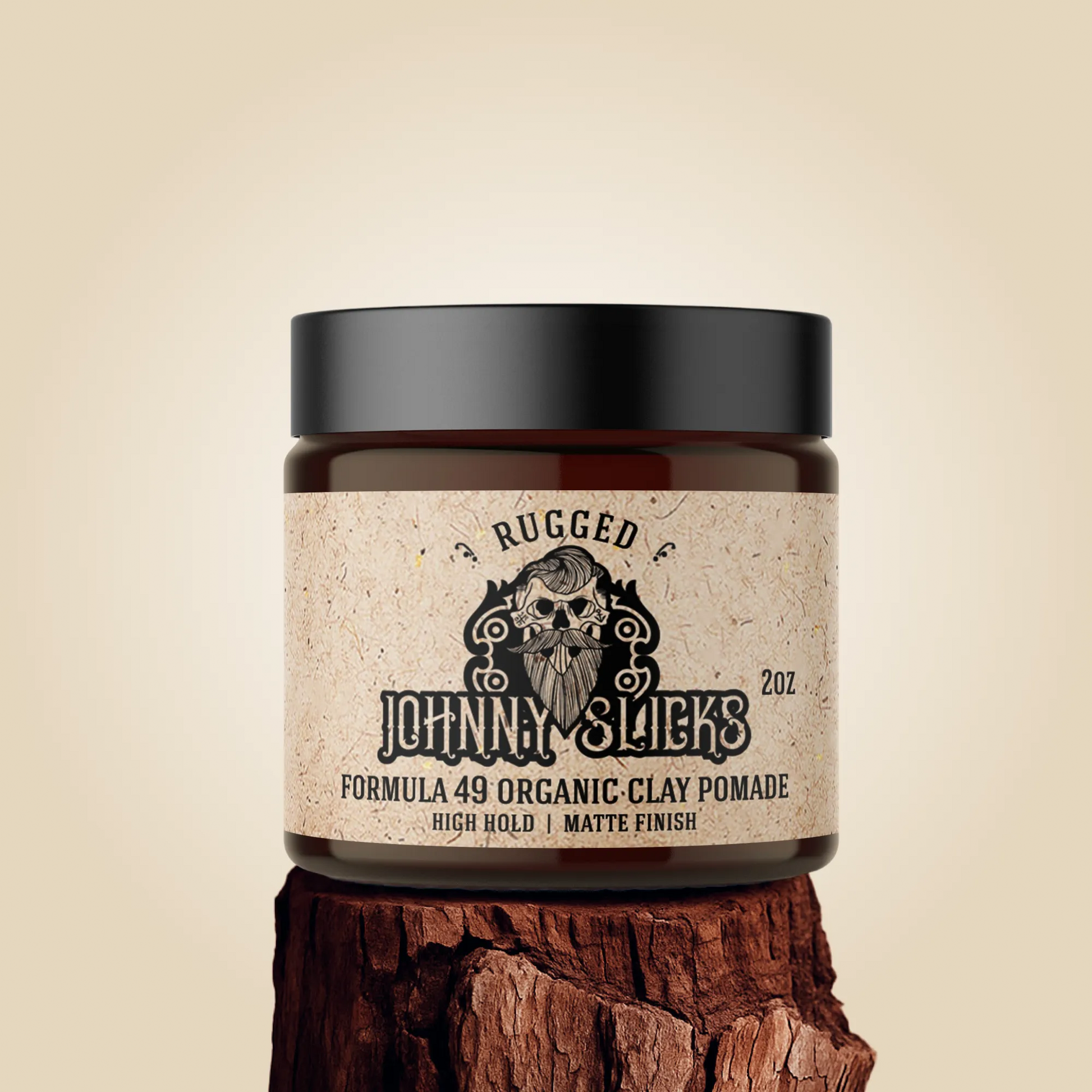 Organic clay pomade jar with black cap and rugged label, 2 oz size
