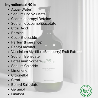 Body wash bottle with black pump and visible Ingredients (INCI) list