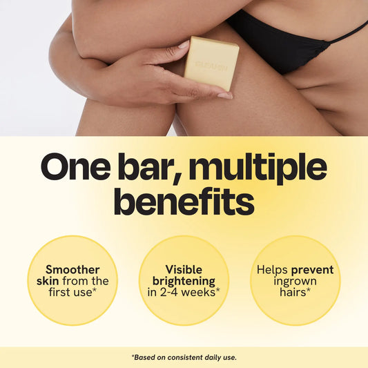 Cleansing bar against underarm, square yellow-gold soap with GLEAMIN branding