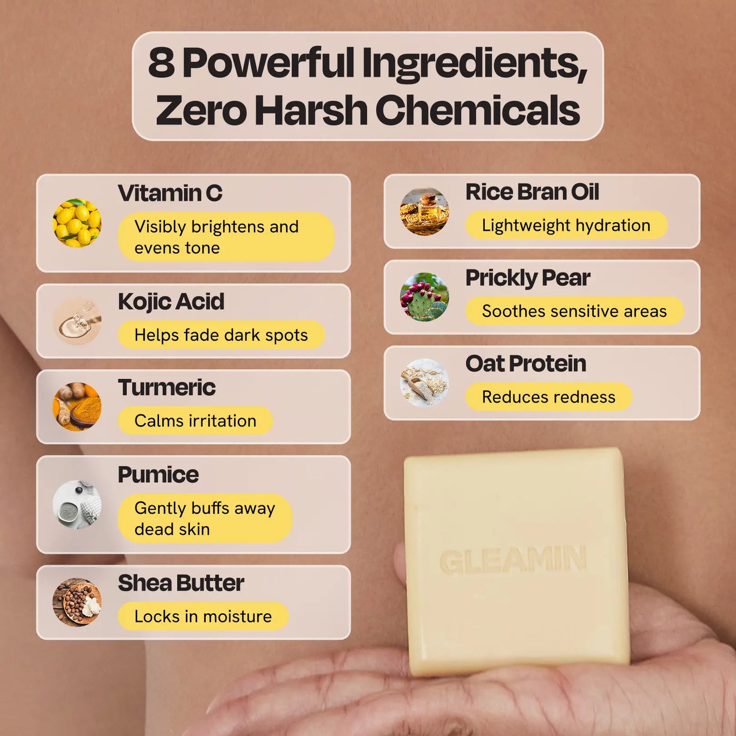 Pale yellow cleansing bar, square soap with GLEAMIN logo held in hand