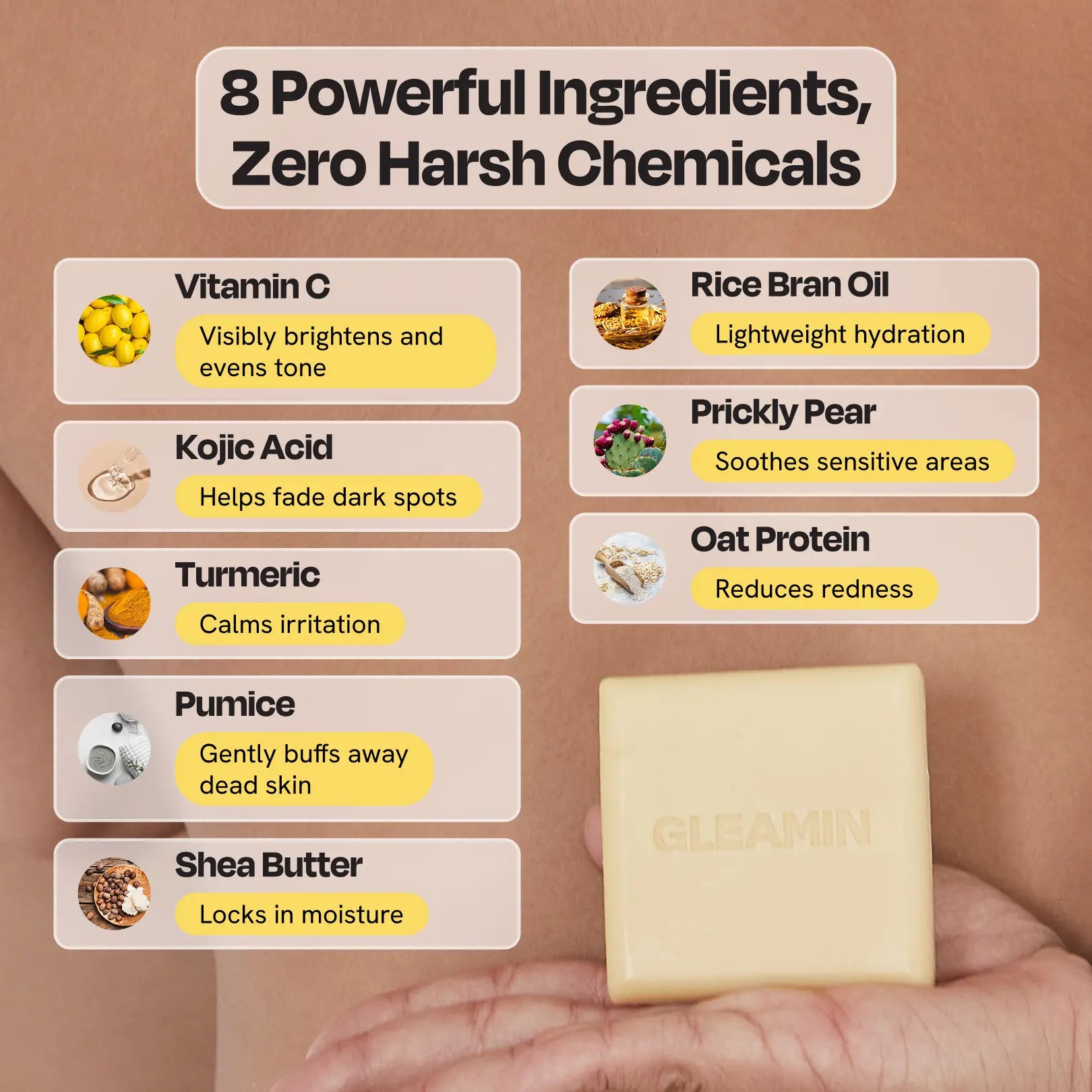 Pale yellow cleansing bar, square soap with GLEAMIN logo held in hand