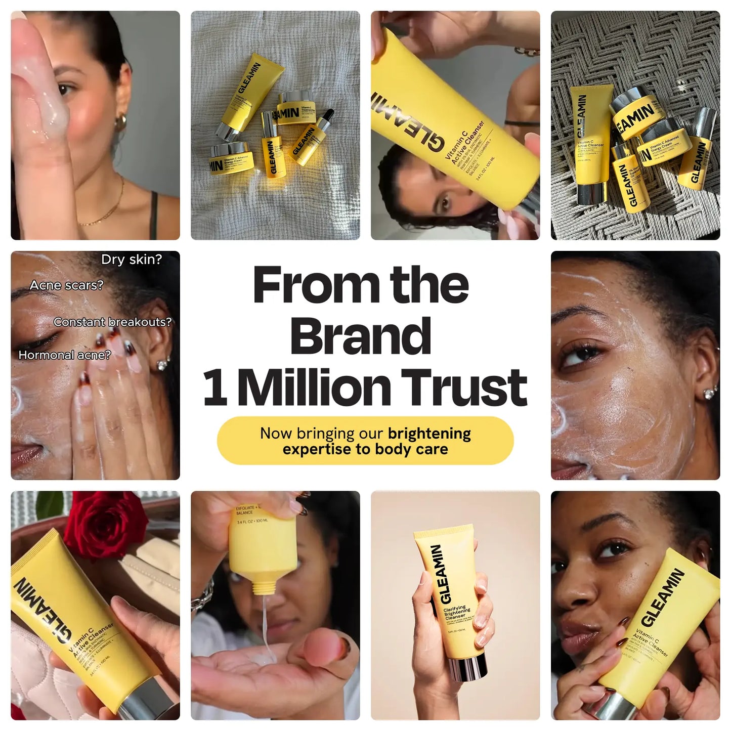 Cleansing bar in hand and on skin, yellow-gold square soap with GLEAMIN logo