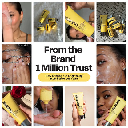 Cleansing bar in hand and on skin, yellow-gold square soap with GLEAMIN logo