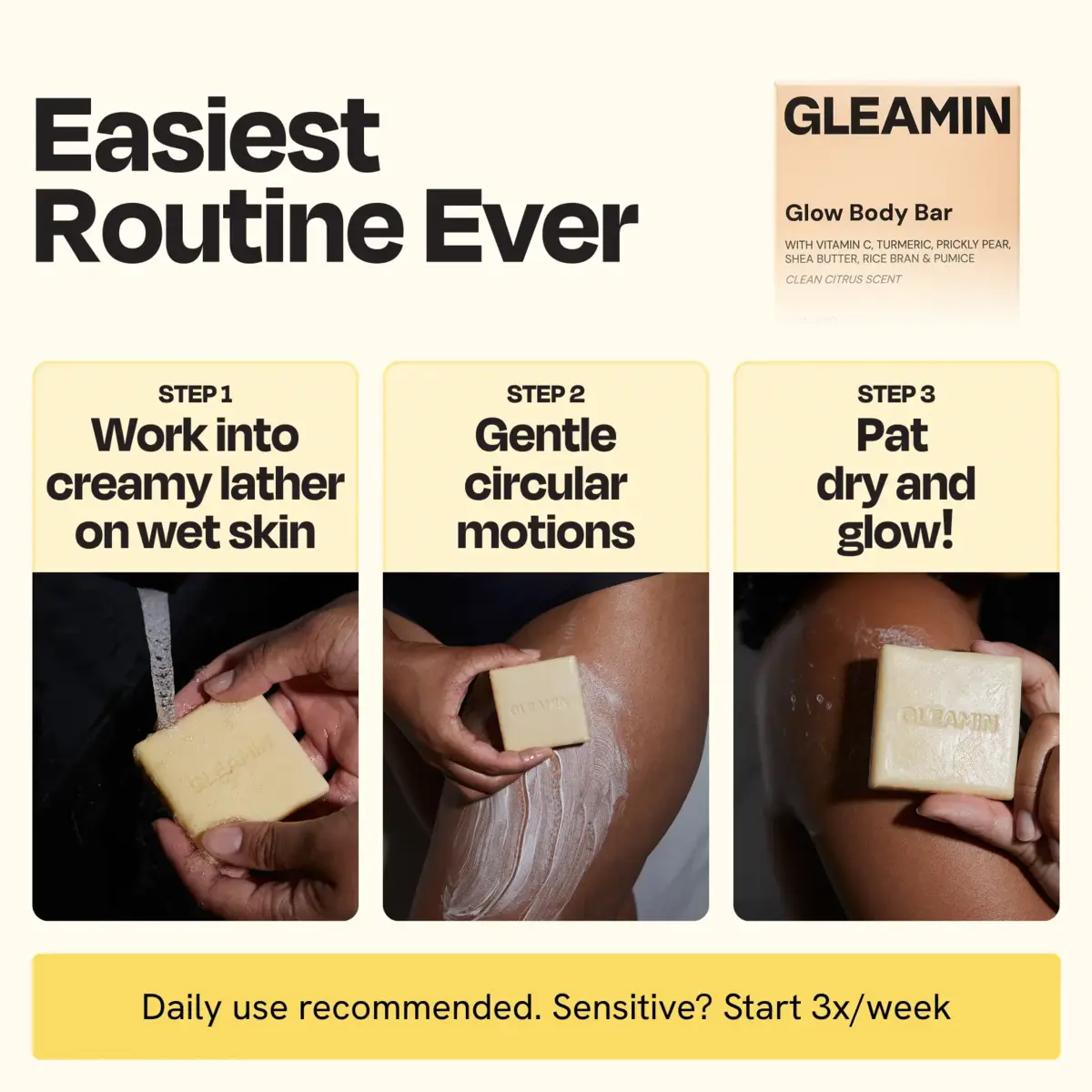 Glow body bar, square pale yellow soap with GLEAMIN logo