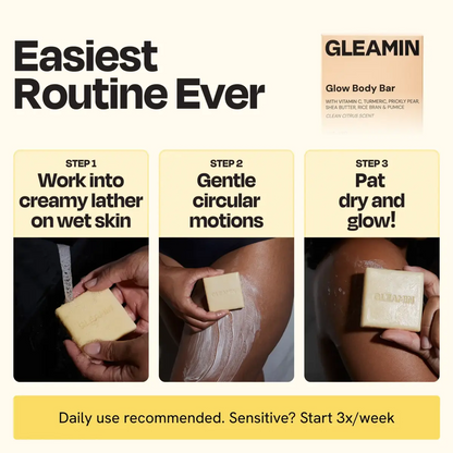 Glow body bar, square pale yellow soap with GLEAMIN logo