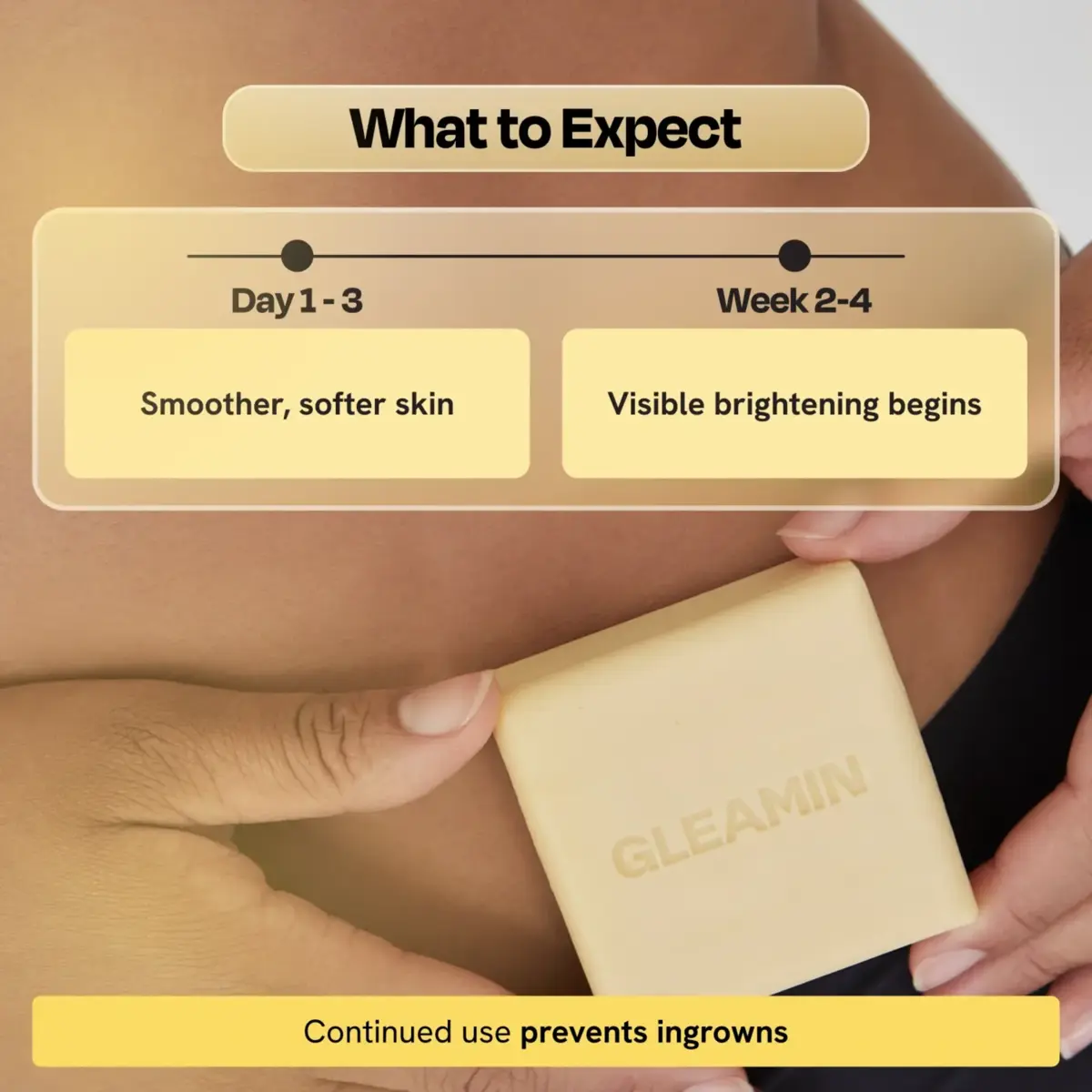 Square pale yellow cleansing bar pressed to skin, GLEAMIN logo
