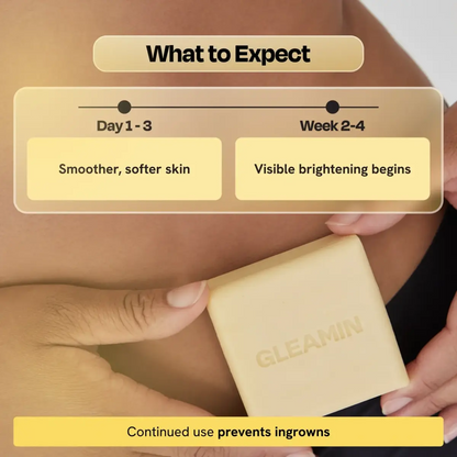 Square pale yellow cleansing bar pressed to skin, GLEAMIN logo
