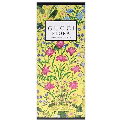 Refillable eau de parfum box with colorful orchid and flower print