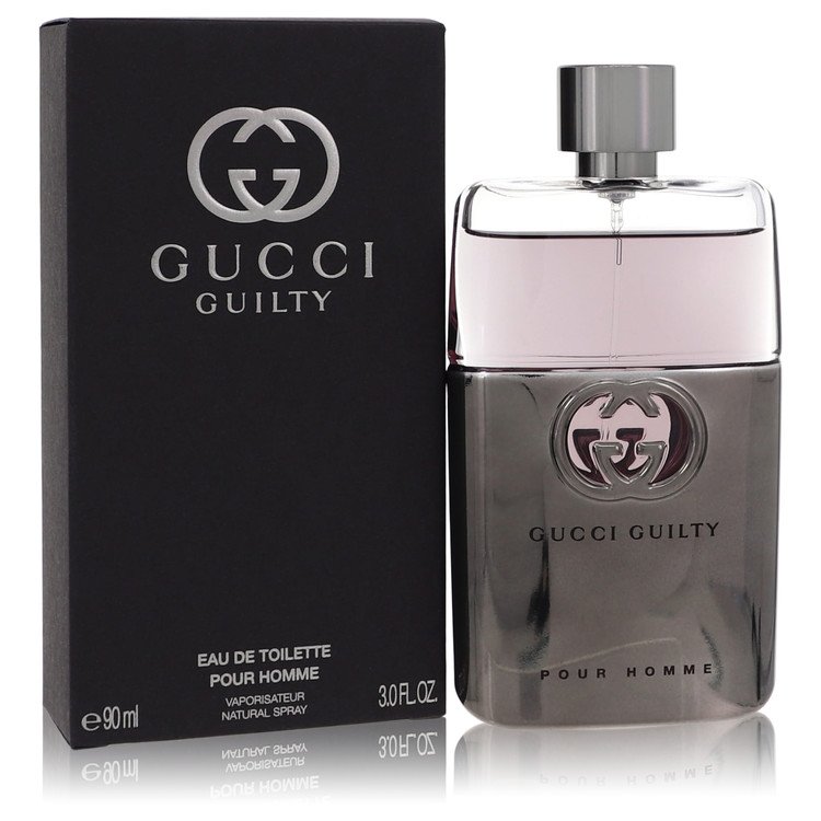 Gucci Guilty men cologne: black box and clear glass bottle with silver cap