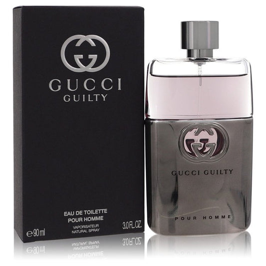 Gucci Guilty men cologne: black box and clear glass bottle with silver cap