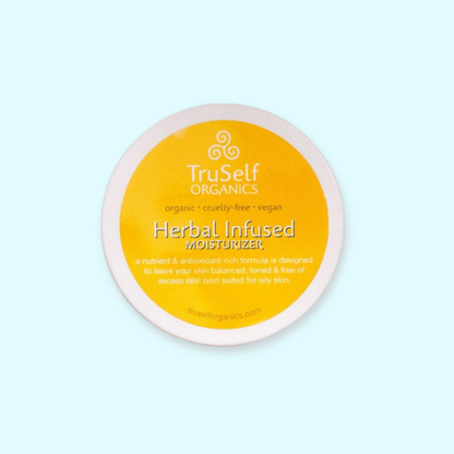 Herbal infused moisturizer lid with yellow circular label and TruSelf ORGANICS name