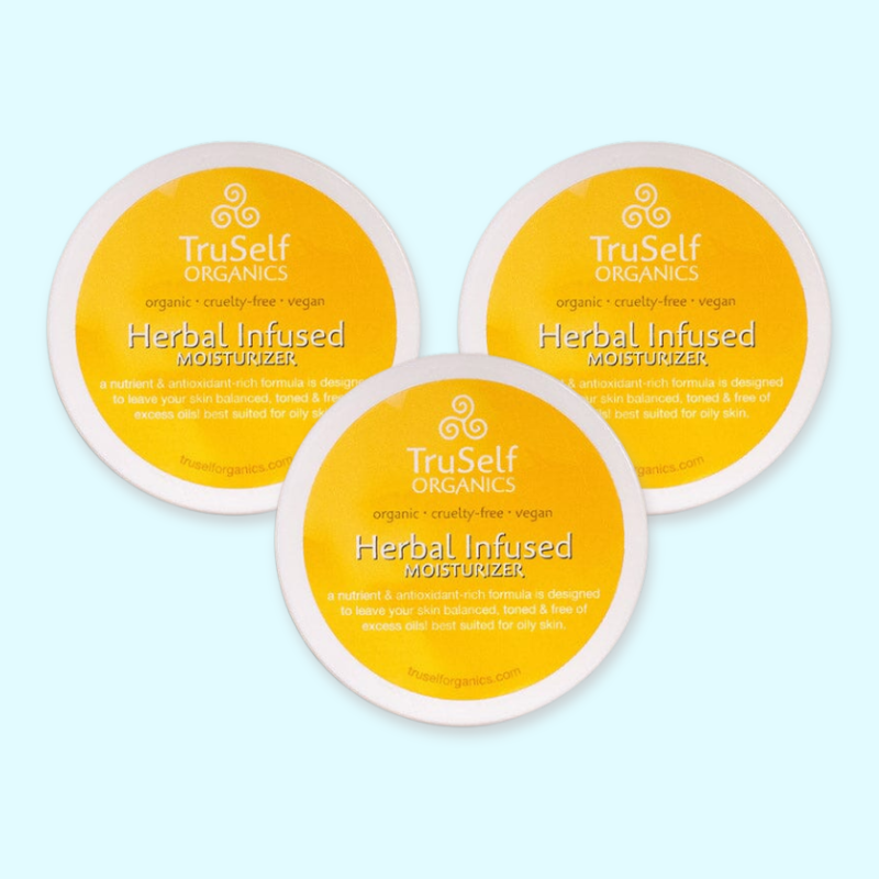 Set of three Herbal infused moisturizer lids with yellow TruSelf ORGANICS labels