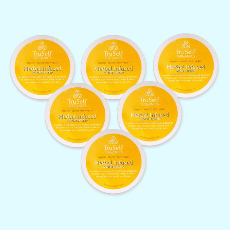 Set of six Herbal infused moisturizer lids with yellow TruSelf ORGANICS labels