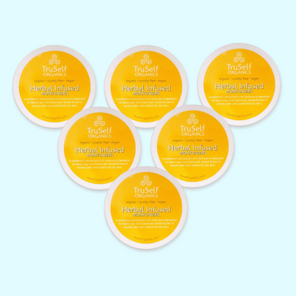Set of six Herbal infused moisturizer lids with yellow TruSelf ORGANICS labels