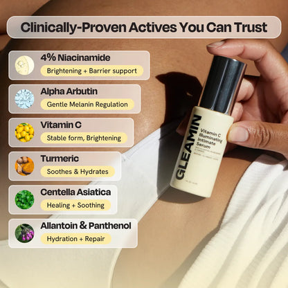 Intimate serum bottle in hand over white underwear on skin.