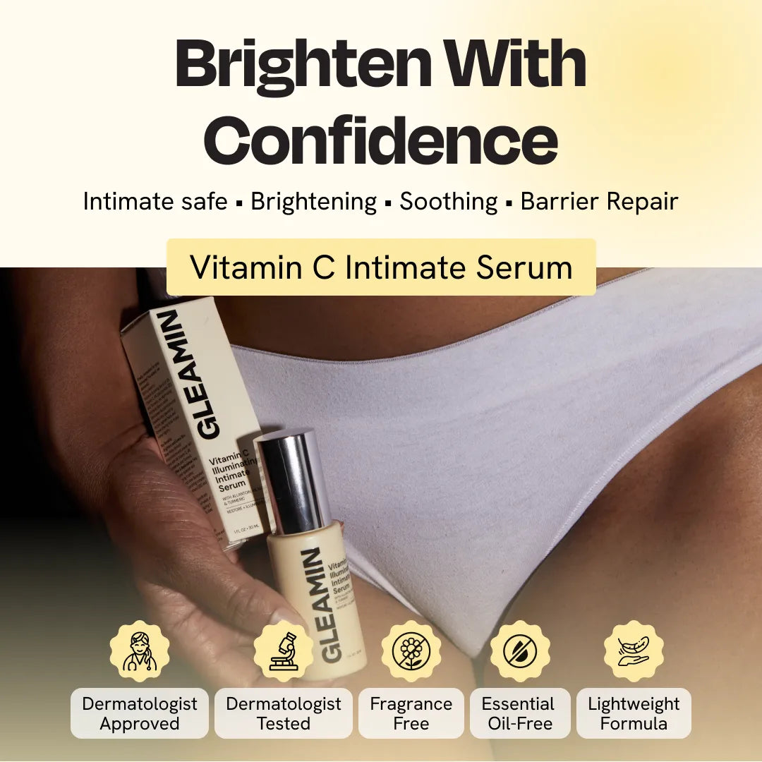 Hands holding serum bottle near white underwear, with benefit icons below.