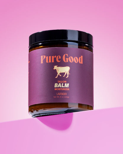 Lavender tallow balm jar with black lid and purple label