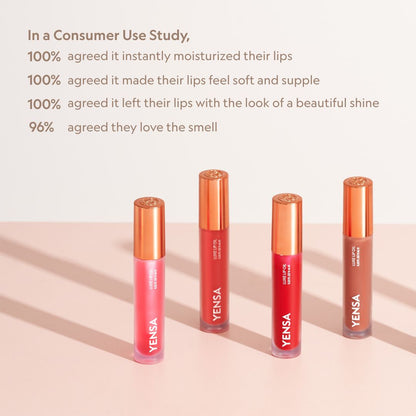 Lip nourishing oil tubes in pink and coral tones with gold caps
