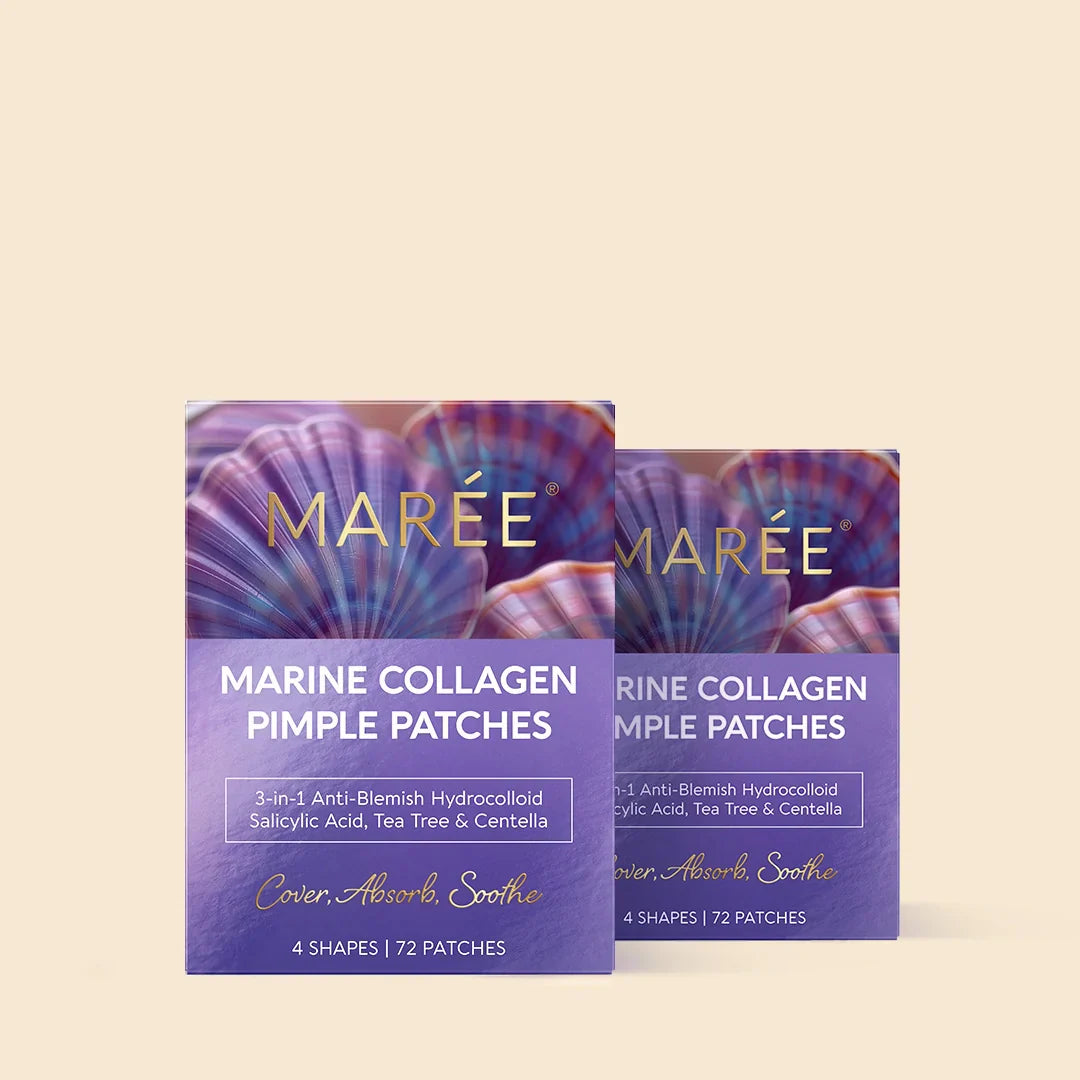 MARÉE Marine collagen pimple patches boxes with attached colorful patch shapes
