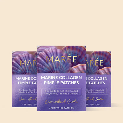 Multiple MARÉE Marine collagen pimple patch boxes arranged side by side