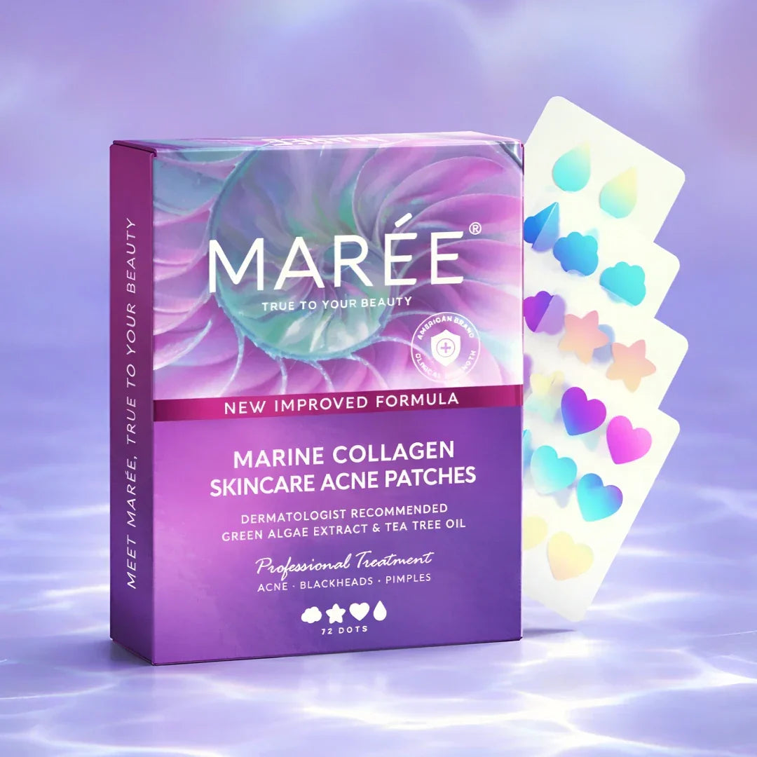 Marine collagen acne pimple patches box with colorful star and heart shapes