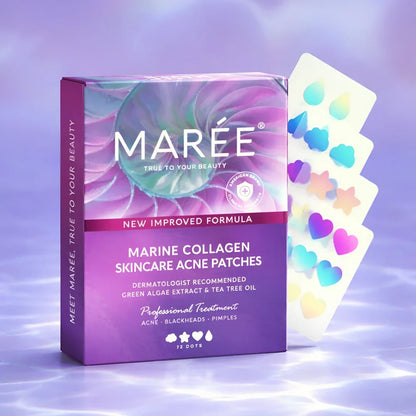 Marine collagen acne pimple patches box with colorful star and heart shapes