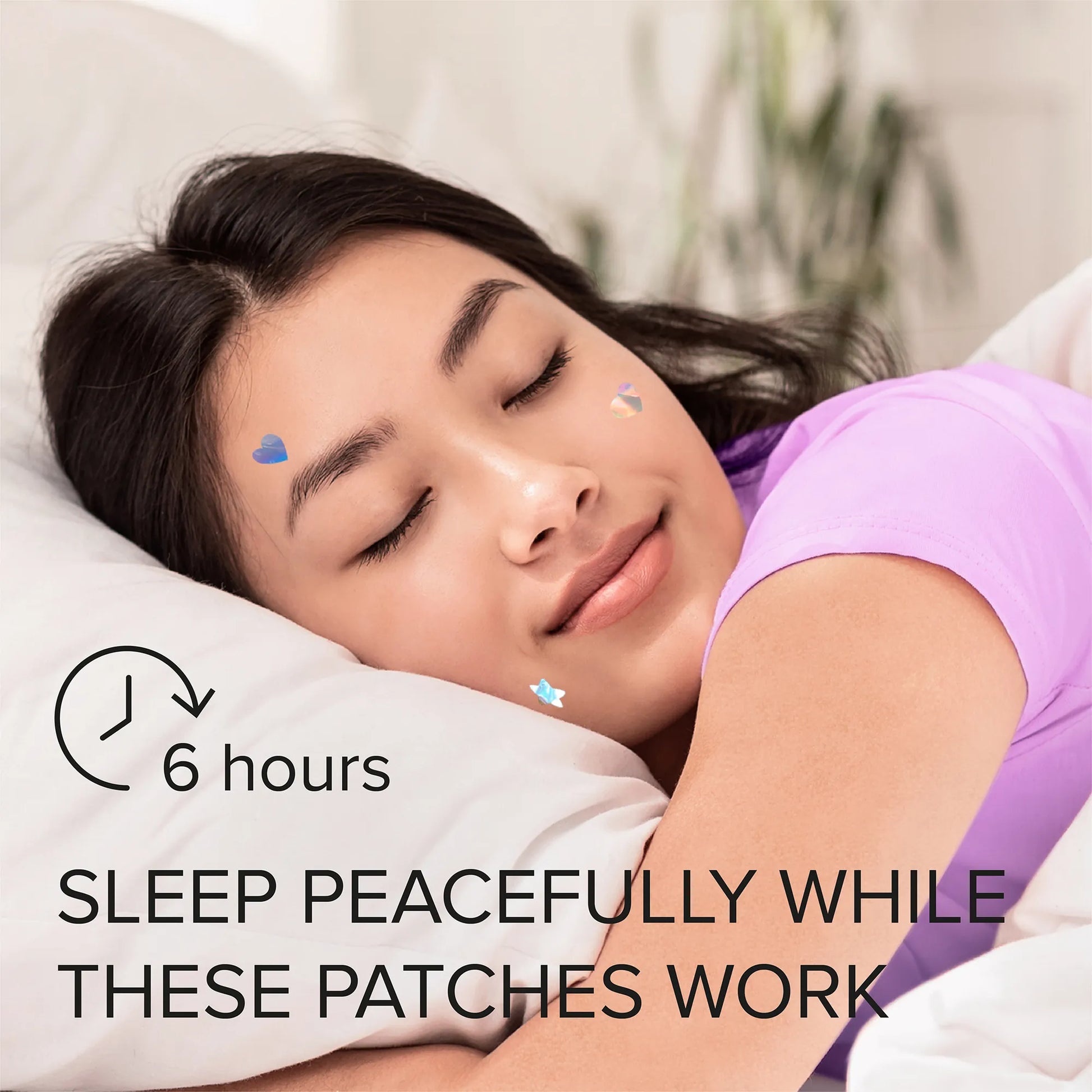Acne pimple patch stickers on sleeping woman’s face, star and heart shapes