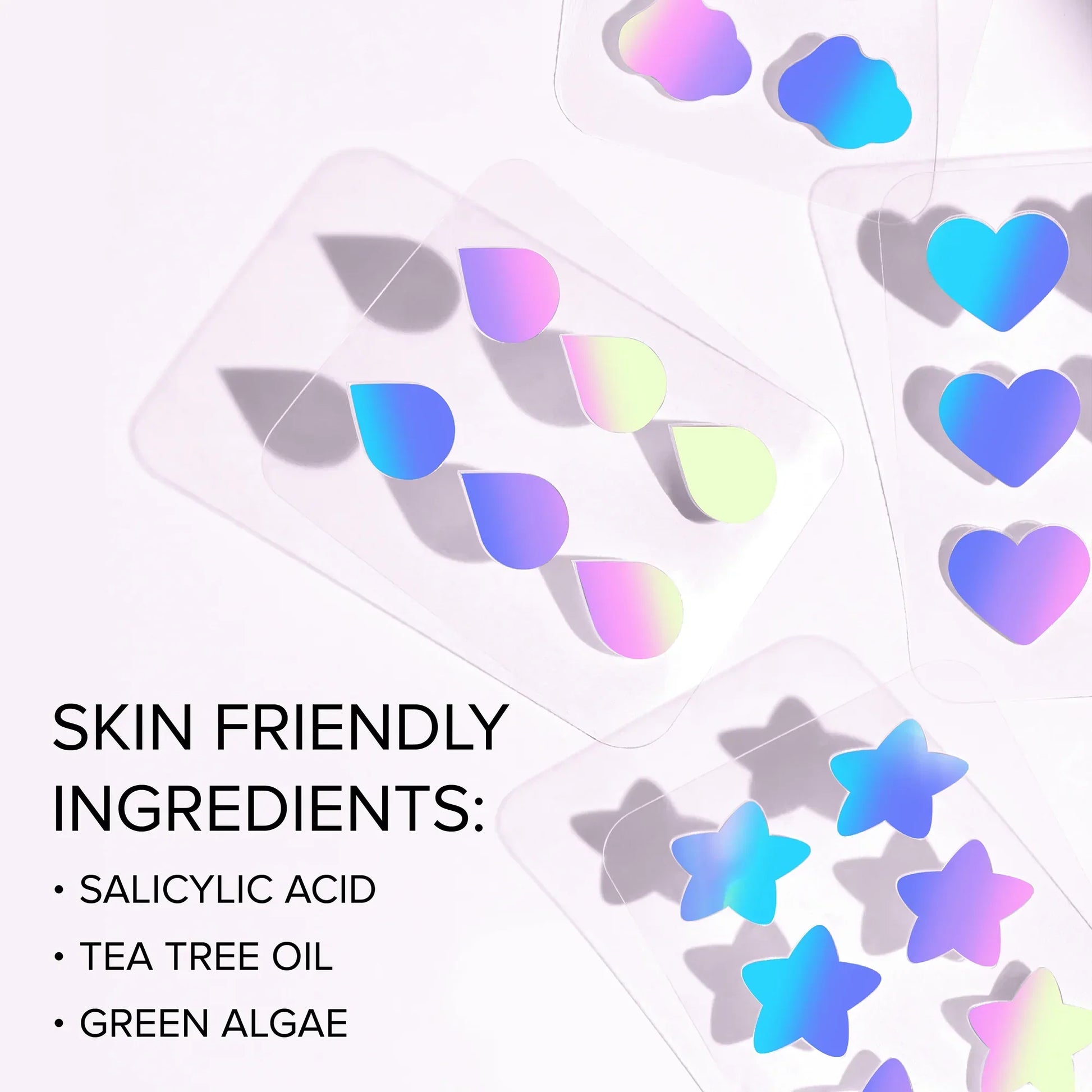 Colorful star and heart hydrocolloid acne patches on a clear backing sheet