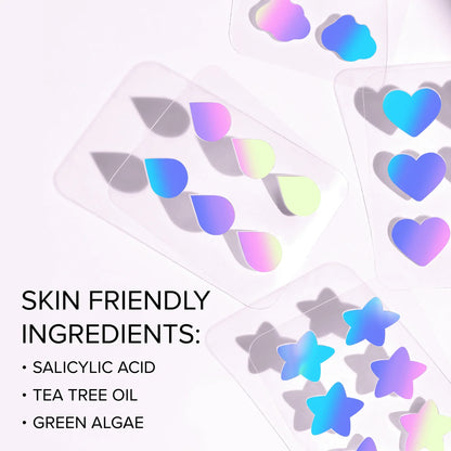 Colorful star and heart hydrocolloid acne patches on a clear backing sheet