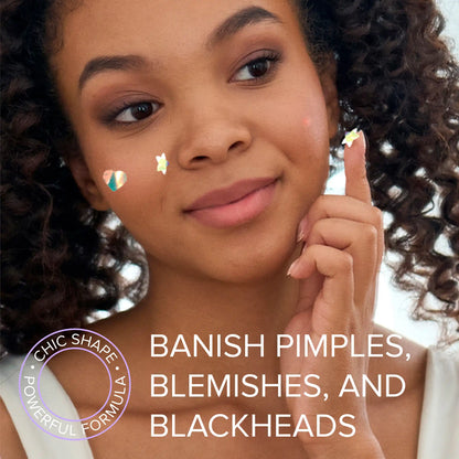 Facial acne pimple patch stickers on woman’s cheek, star shapes in blue and gold